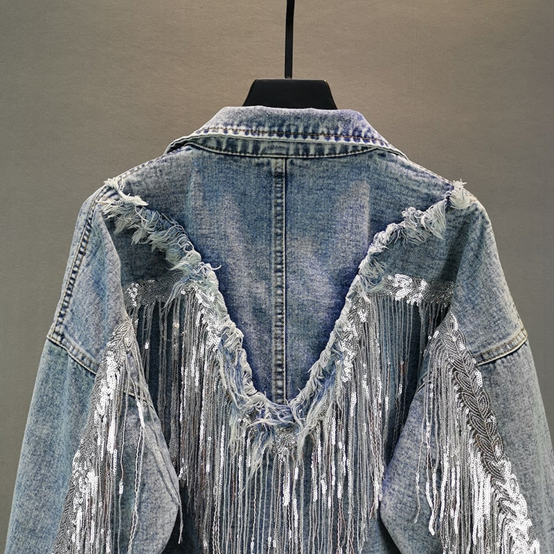 Jean Jacket Woman Fringed Sequined Denim Jacket 2020 Spring New Retro BF Loose Short Jeans Jacket Top Chaqueta Chaquetas Jackets