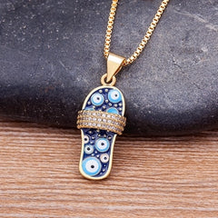 Rhinestone Enamel Slipper Pendant - Blue Evil Eye Necklace Chain Gold Plated