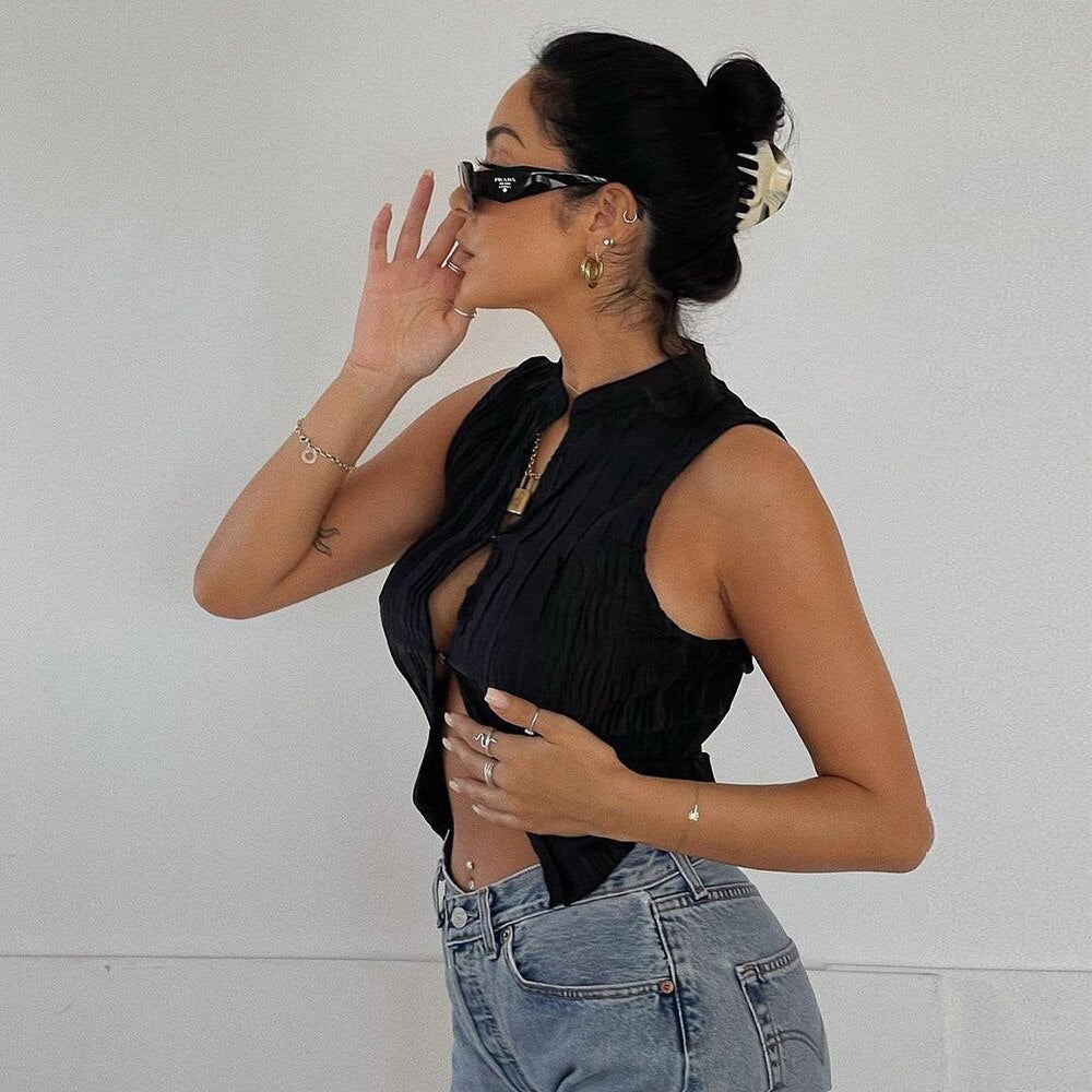 BOOFEENAA Black Buton Up Sleeveless Crop Top Y2k Vest Summer 2022 Sexy Fashion T Shirt Women Clothing Club Wear C82-BE10