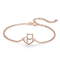 BAMOER 100% 925 Sterling Silver Cat And Heart Link Chain Bracelets &amp; Bangles for Women Authentic Silver Jewelry Gift SCB102