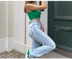 Straight Leg Jeans For Loose High Waist Trousers Casual Blue Wash Cotton Denim Baggy  Jeans