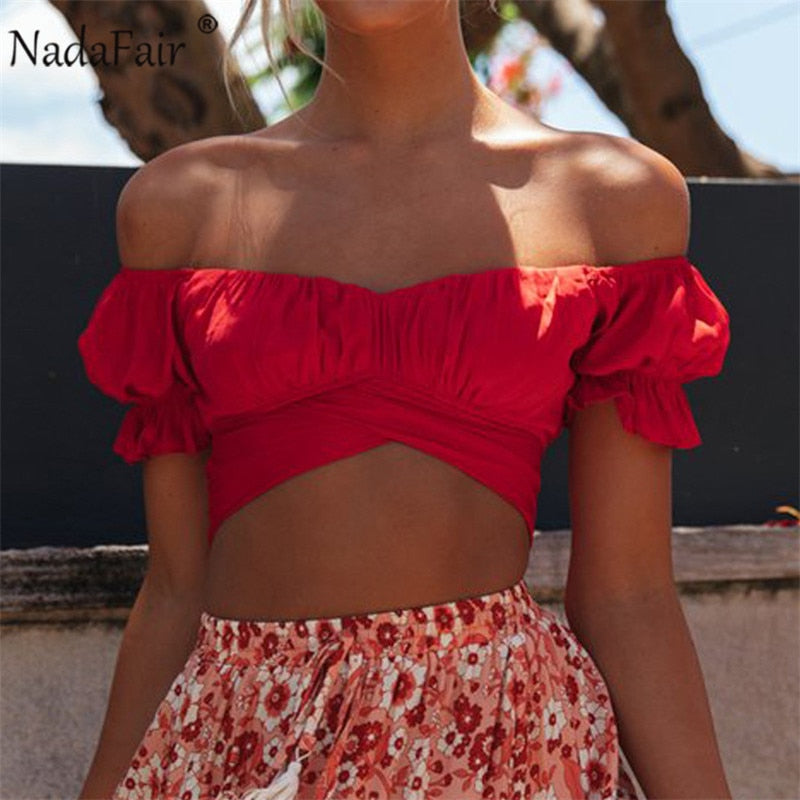 Nadafair Blouse Women 2020 Summer Off Shoulder Tops Puff Sleeve Bow Tied Beach Short Sleeve Backless Sexy Crop Top Women White