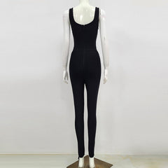 Black White sleeveless Weaving Rayon Bandage Jumpsuit