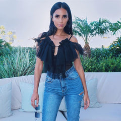 Yimunancy Mesh Bodysuit Women Perspective 2020 Spring Off Shoulder Skinny Bodysuit Ladies Ruffle Sexy Bodysuit Summer Overalls