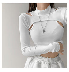 Hollow Knitted Crop Tops Women Fake Two-piece T-shirt Long Sleeve Tops