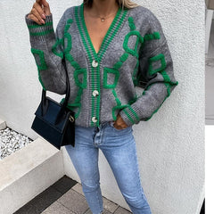 Women Cardigan Green Striped Pink Knit Button Lady Cardigans Sweaters V-neck Loose Casual Winter Fashion Knitted Coat