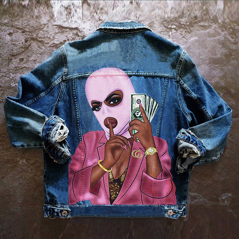 Women&#39;s retro street autumn and winter long-sleeved personalized printing foreign trade denim jacket women&#39;s single-breasted