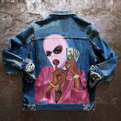 Women&#39;s retro street autumn and winter long-sleeved personalized printing foreign trade denim jacket women&#39;s single-breasted