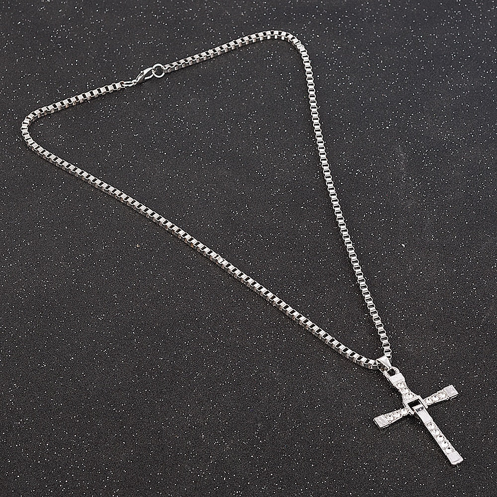 Fast and Furious Movies Actor Dominic Toretto  Rhinestone Cross Crystal Pendant Chain Necklace Men Jewelry