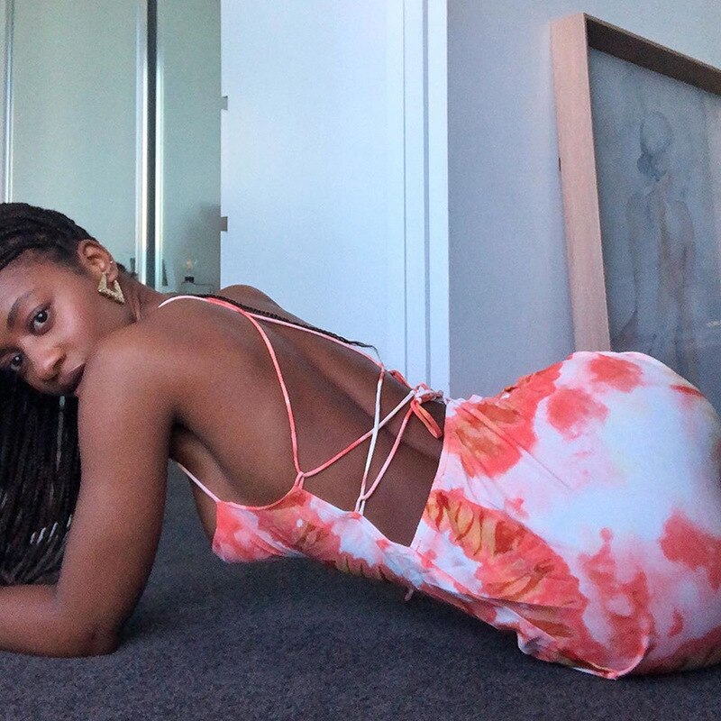 Cryptographic Tie Dye Print Fashion Sexy Backless Lace Up Midi Dresses Sleeveless Club Party Holiday Spaghetti Strap Sundress