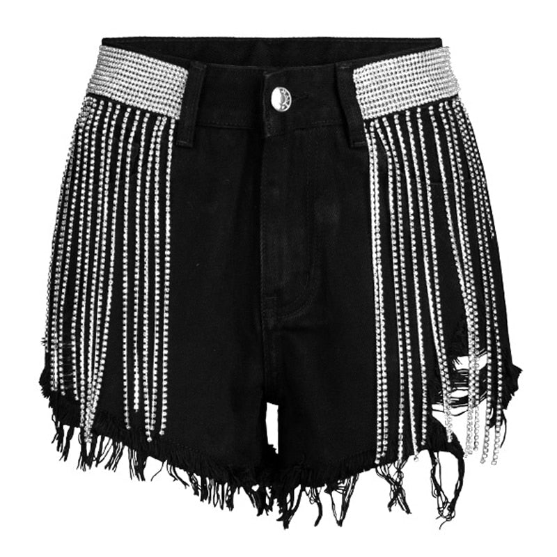 Sexy Fringe Shorts Denim Jeans Women Rhinestone Embellished Female Short Trousers Tassel Summer Clothing Designer Black 2021