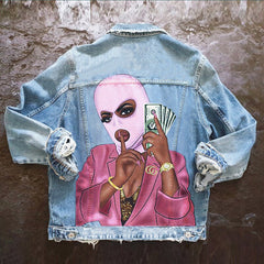 Women&#39;s retro street autumn and winter long-sleeved personalized printing foreign trade denim jacket women&#39;s single-breasted