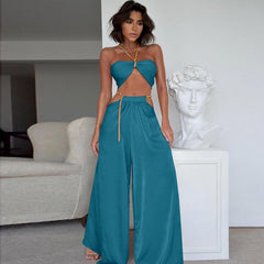Cryptographic Fashion Chain Halter Crop Top and Flare Pants Set Club 2 Piece Sets Womens Outfits Cropped Tops Matching Sets New