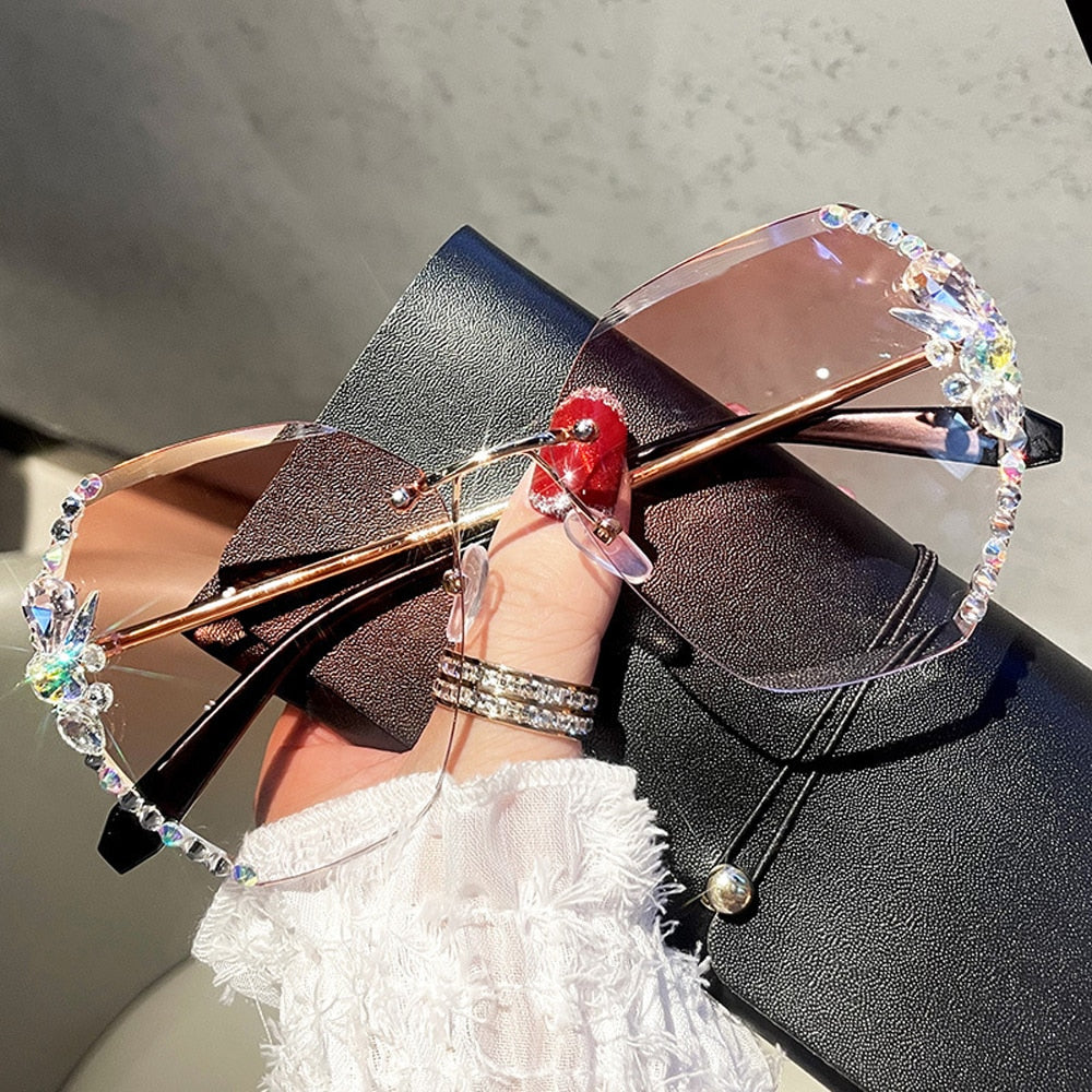Vintage Rimless Rhinestone Sunglasses Gradient Lens Sun Glasses Shades