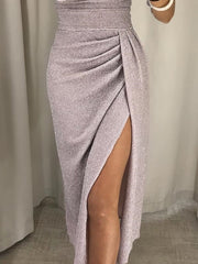 2022 New Women&#39;s Off Shoulder Long Sleeve Bodycon Evening Party Long Dress Asymmetrical Split Pencil Dresses S M L XL XXL