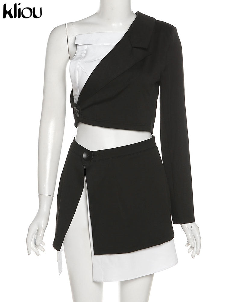 Kliou High Street Style Two Piece Set Women Skirt Asymmetrical Patchwork One-Shoulder Top+Unique Sexy Side Single Button Skirt