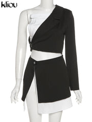 Kliou High Street Style Two Piece Set Women Skirt Asymmetrical Patchwork One-Shoulder Top+Unique Sexy Side Single Button Skirt