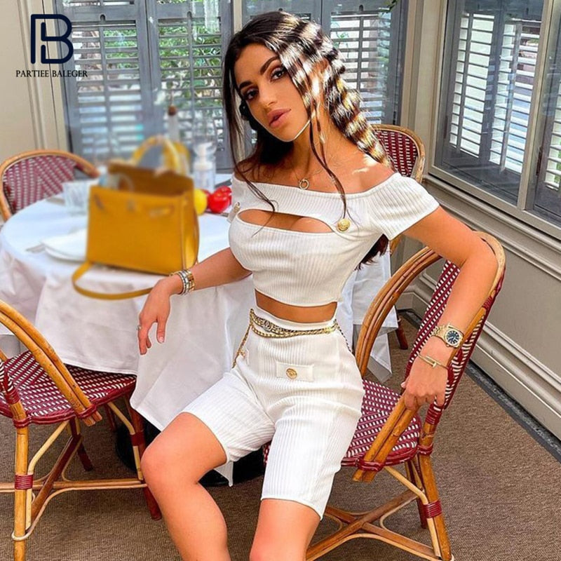 PB Chic White Two Pieces Suit Sexy Key Hole Design Button Embellised Celebrity Party Club Bandage Crop Tops Shorts Set