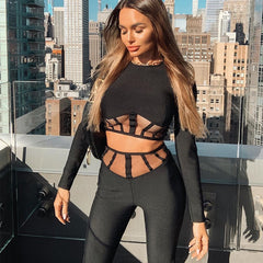 2021 Summer New Women&#39;s 2 Two-piece Set Black Sexy Long Sleeve Mesh Tight Bandage Set Party Celebrity Bandage Crop Top Pants