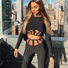 Two-piece Set Black Sexy Long Sleeve Mesh Tight Bandage Set