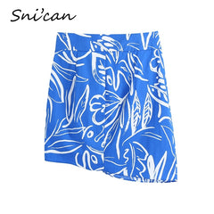 Blue Floral Asymmetrical Skirt Za 2021 Women High Waist Buttons Ruched Bodycon Mini Sexy Faldas Cortas Summer Jupe Femme Snican