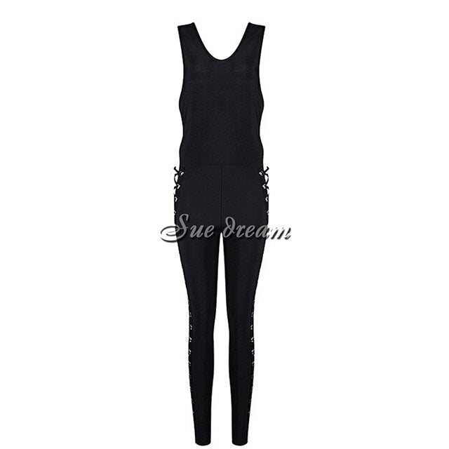 Chic Side Hollow Out Cross Criss Sexy Deep Vneck Women Bandage Jumpsuit