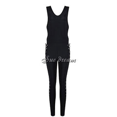 Chic Side Hollow Out Cross Criss Sexy Deep Vneck Women Bandage Jumpsuit