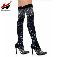 Women Boots Over The Knee Boots Fashion Rhinestone Pointed High Heel Outdoor Shoes