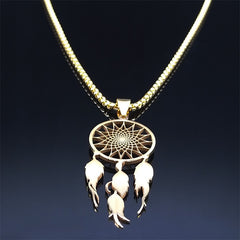 Feather Dream Catcher Stainless Steel Chain Necklaces Gold Color Long Necklaces Boho Jewelry sautoir femme long bohème N7021S01