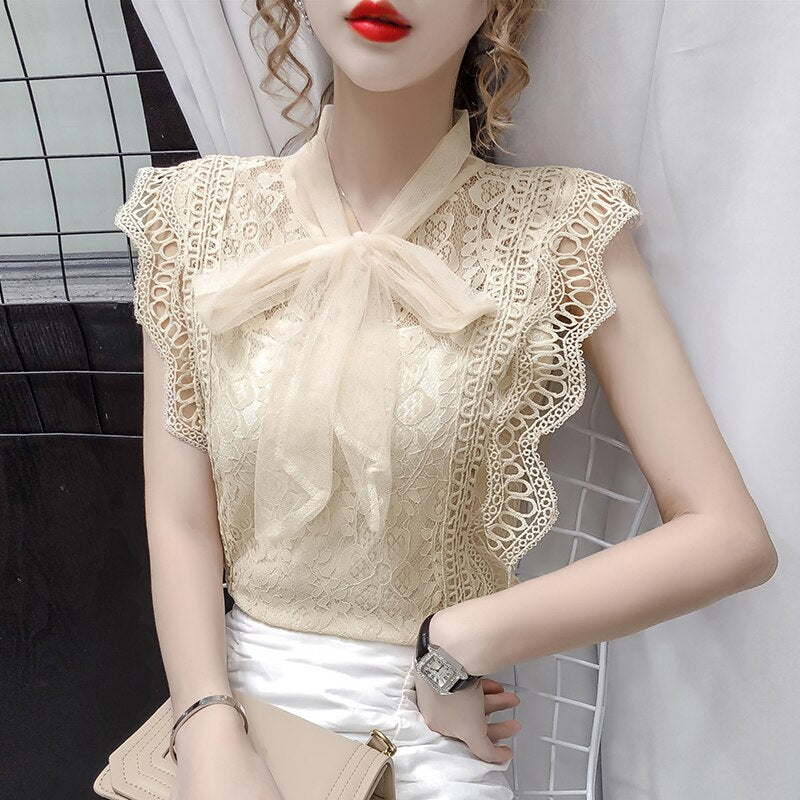 Solid Hollow Out Shirt Korean Fashion Clothing Vintage Sleeveless 2022 Womens Tops and Blouses Lace Patchwork Blusas 9811