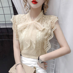 Solid Hollow Out Shirt Korean Fashion Clothing Vintage Sleeveless 2022 Womens Tops and Blouses Lace Patchwork Blusas 9811