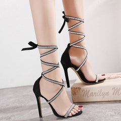 Gladiator Women Sandals Fashion Black Ankle Strap Crystal Lace-Up Open Toe High Heels