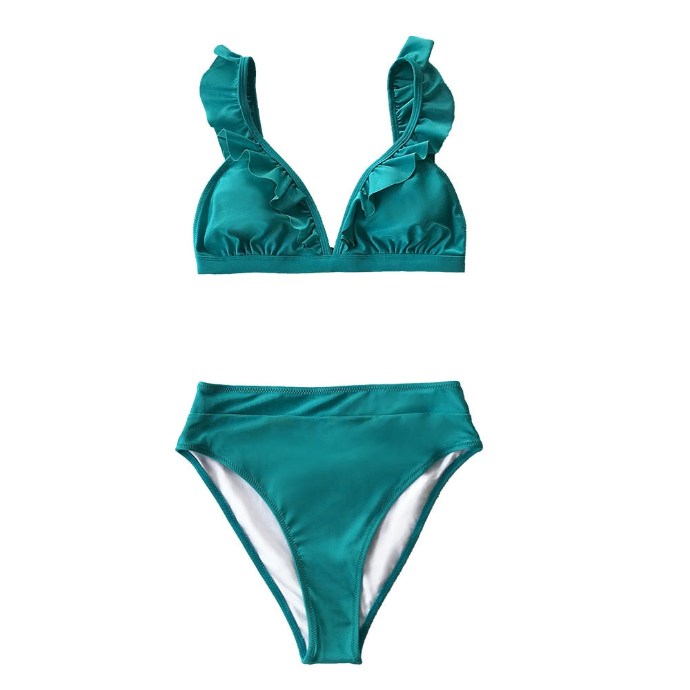 V-neck Ruffled High-waist Bikini Set