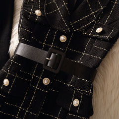 Vintage Mid-Length Plaid Tweed Vest Jacket Women 2 Piece Set Elegant Pearl Button Belted Unlined Waistcoat And Knitted Sweater