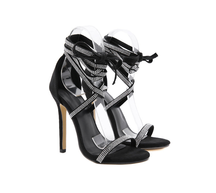 Gladiator Women Sandals Fashion Black Ankle Strap Crystal Lace-Up Open Toe High Heels