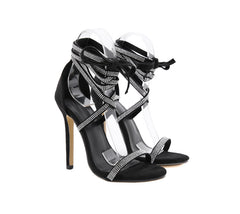 Gladiator Women Sandals Fashion Black Ankle Strap Crystal Lace-Up Open Toe High Heels