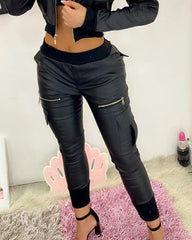 Plain PU Leather Zipper Pocket Pants