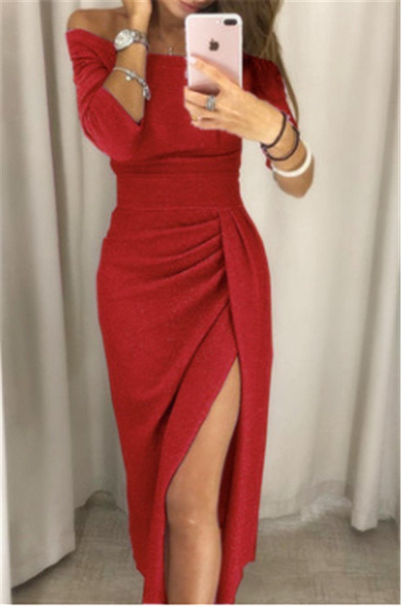 2022 New Women&#39;s Off Shoulder Long Sleeve Bodycon Evening Party Long Dress Asymmetrical Split Pencil Dresses S M L XL XXL