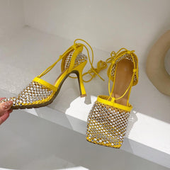 High Heel Pumps Crystal Fishnet Sandals Square Toe Ankle Cross Tied Rhinestone Shoes