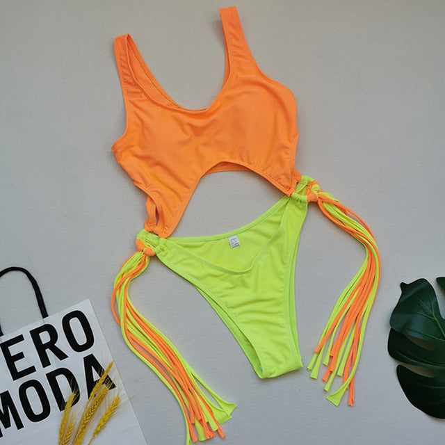 Splicing High Cut Out One Piece Tassel Swimwear