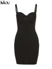 Kliou Solid Spahgetti Strap Mini Dress Women Sexy Camisole Body-Shaping Cleavage Hip Skirt Midnight Style Female Party Clubwear