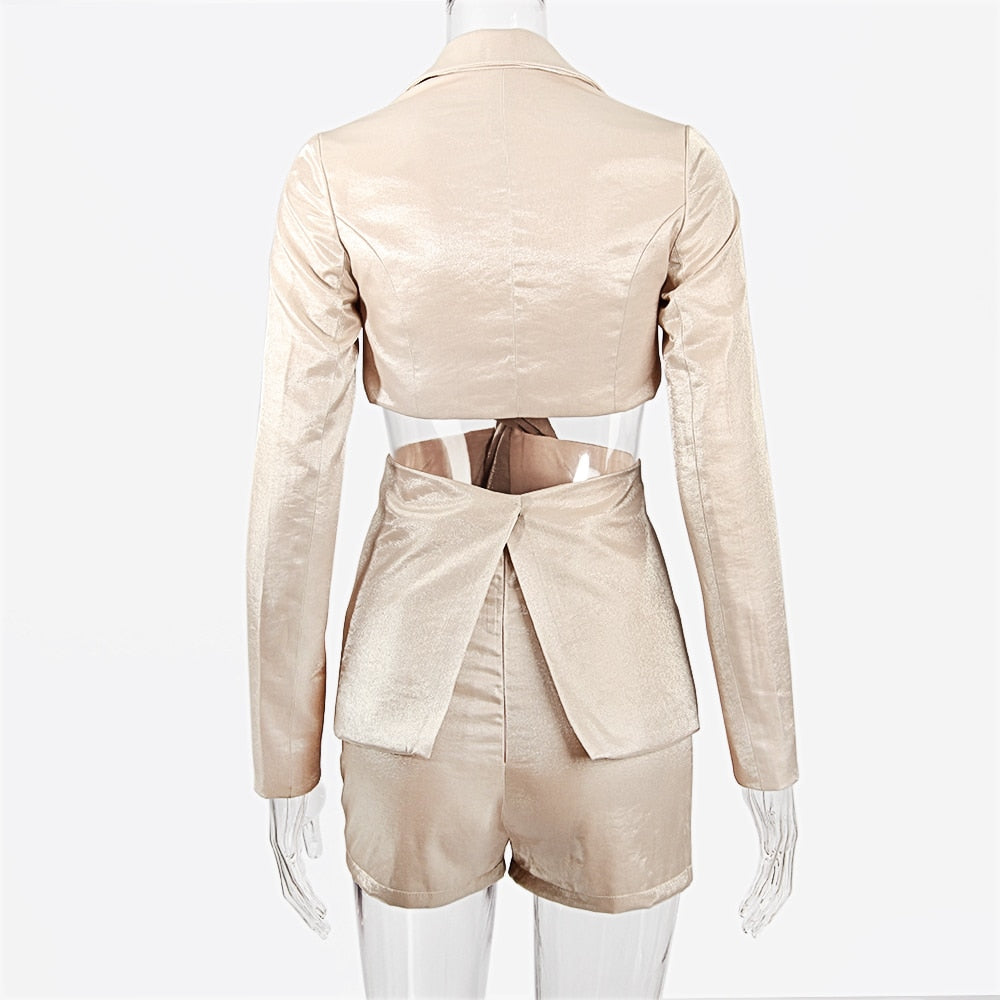JillPeri Long Sleeve Hollow Out Waist Top and Shorts Two Piece Set for Fall Women Sexy Blazer Two Piece Outfits