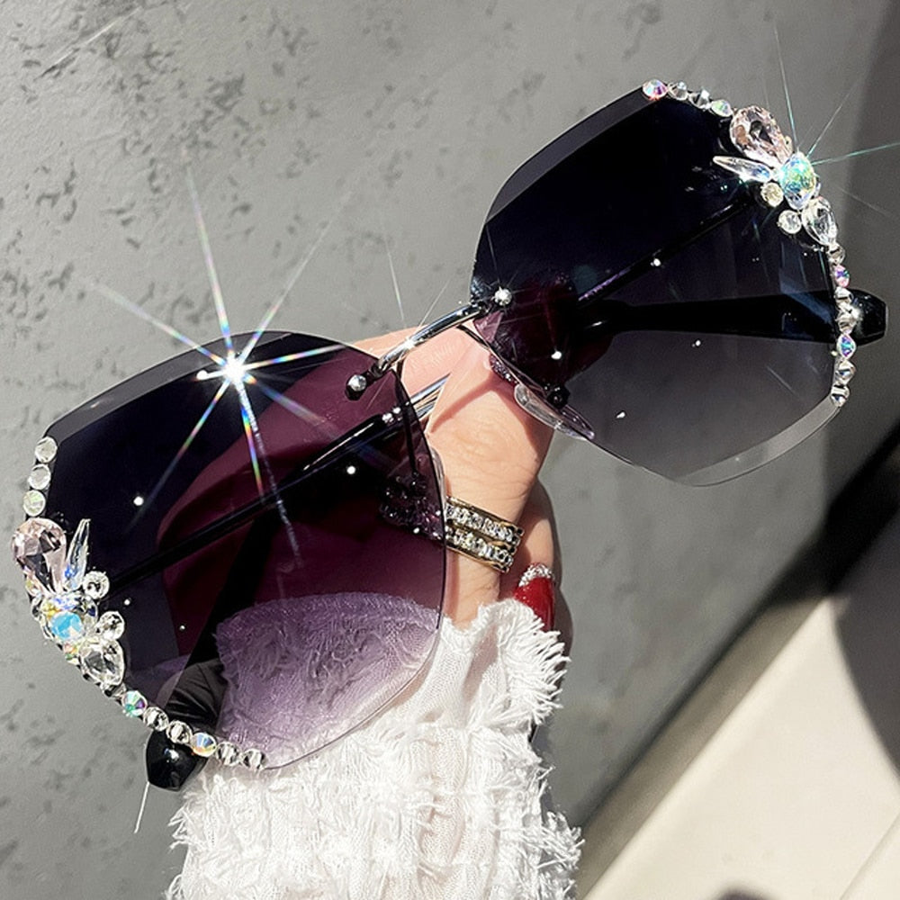 Vintage Rimless Rhinestone Sunglasses Gradient Lens Sun Glasses Shades