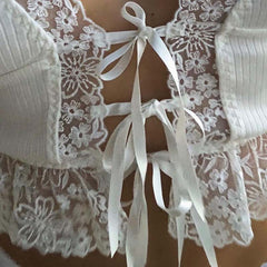 Frill Lace Sexy Crop Tops Tees Women Front Tie Sleeveless Cami Top Summer White V Neck Spaghetti Strap Top Party Club