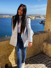 Stylish Chic Blue Tweed Jacket Women 2021 Fashion Turn-down Collar Double Breasted Pockets Coat Female Casual Outerwear