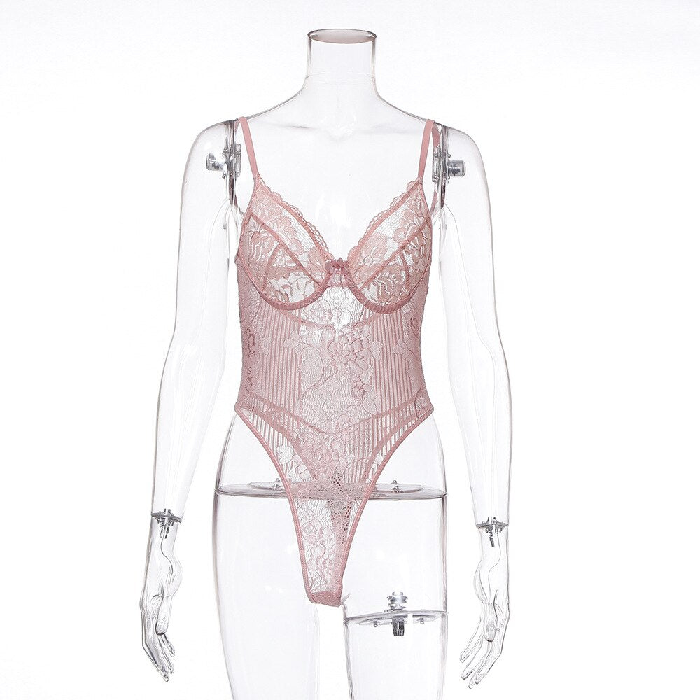 Yimunancy Floral Sheer Lace Bodysuit Women Backless Transparent Mesh Bodysuit Bow Sexy Bodysuit Ladies Cut Out Strap Jumpsuit