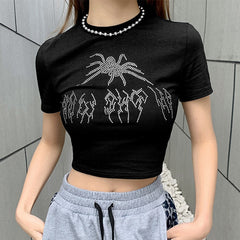 Punk Vintage Rhinestone Cosmic Letters Tshirt Black Goth Clothes Harajuku O-neck Short Sleeve Crop Top T Shirt