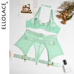 Ellolace Four-Piece Set Erotic Lingerie Transparent Bra Kit Push Up See Through Lace Langerie Mesh Seamless Underwear Garters
