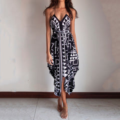 Sexy Black Beach Outing Cover Up Boho Chic DIY Wearing Print Mini Dresses Irregular Geometry Triangle Swimwear Woman Summer