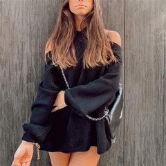 Stylish Halter Without Shoulder Sweater Stretchy Design Long Sleeve Female Chic Knitted Tops